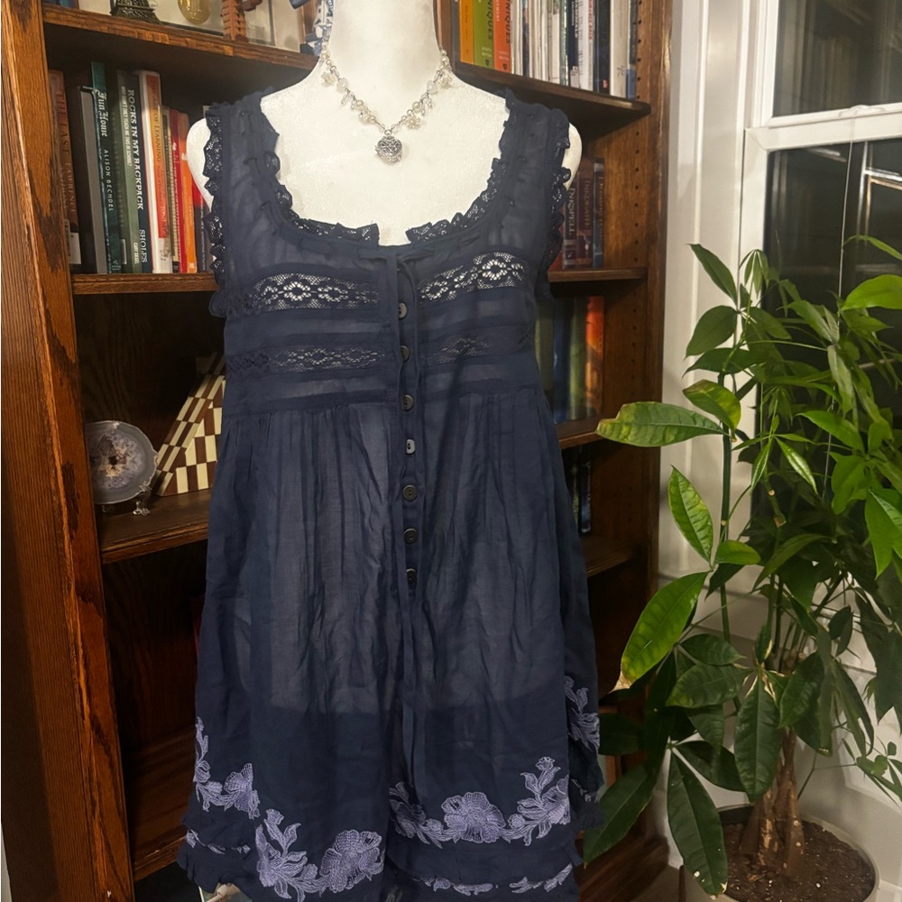 Free People Navy Blue Lace-Trimmed Embroidered romper - Picture 2 of 3
